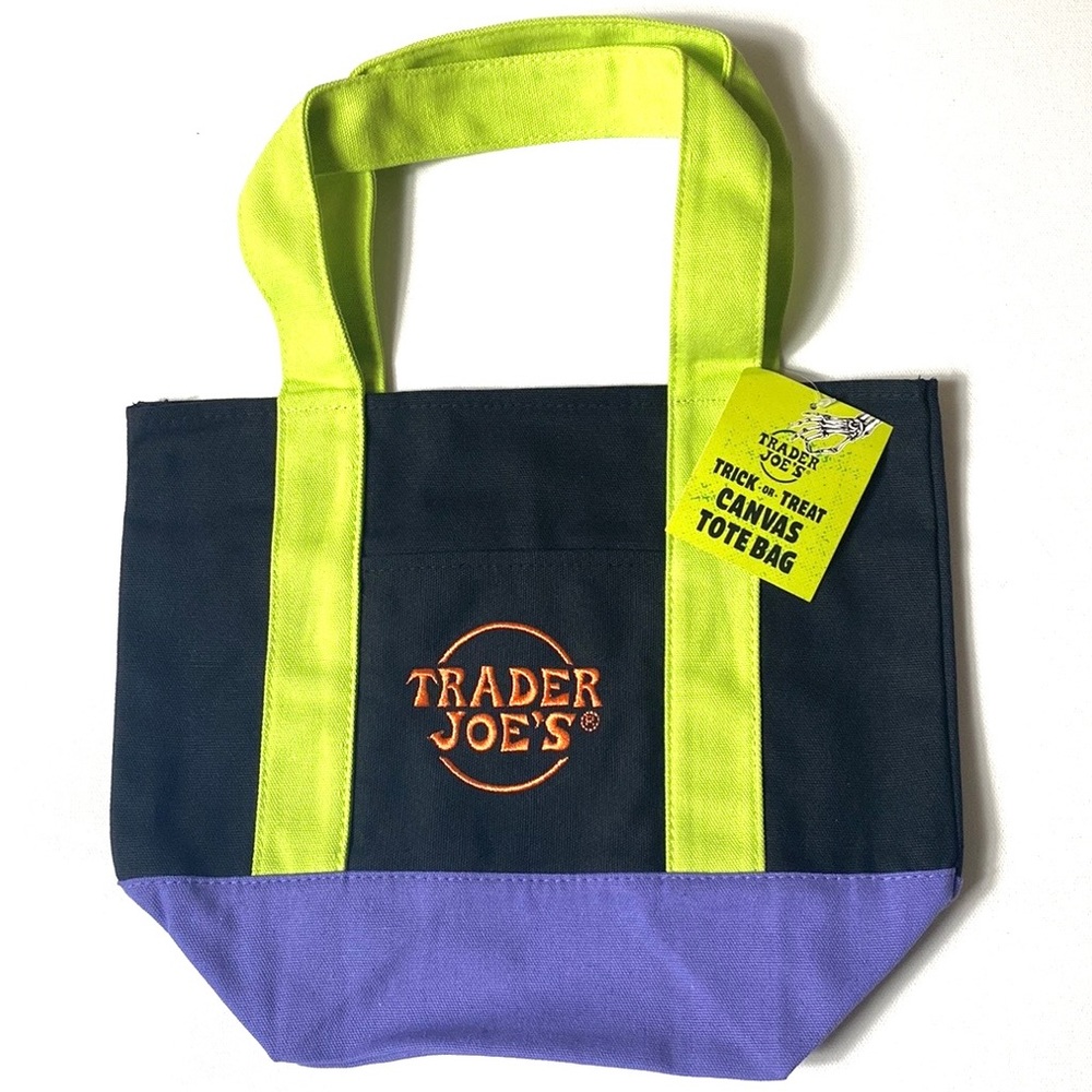 NWT Trader Joe’s MINI Multi-Color Black Purple Green Canvas Tote.